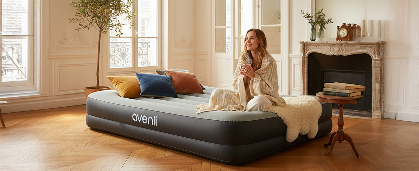 Надувний матрац-ліжко AVENLI для 2 осіб, 203x157x47 см з вбудованим насосом, флаокована поверхня, для кемпінгу та дому