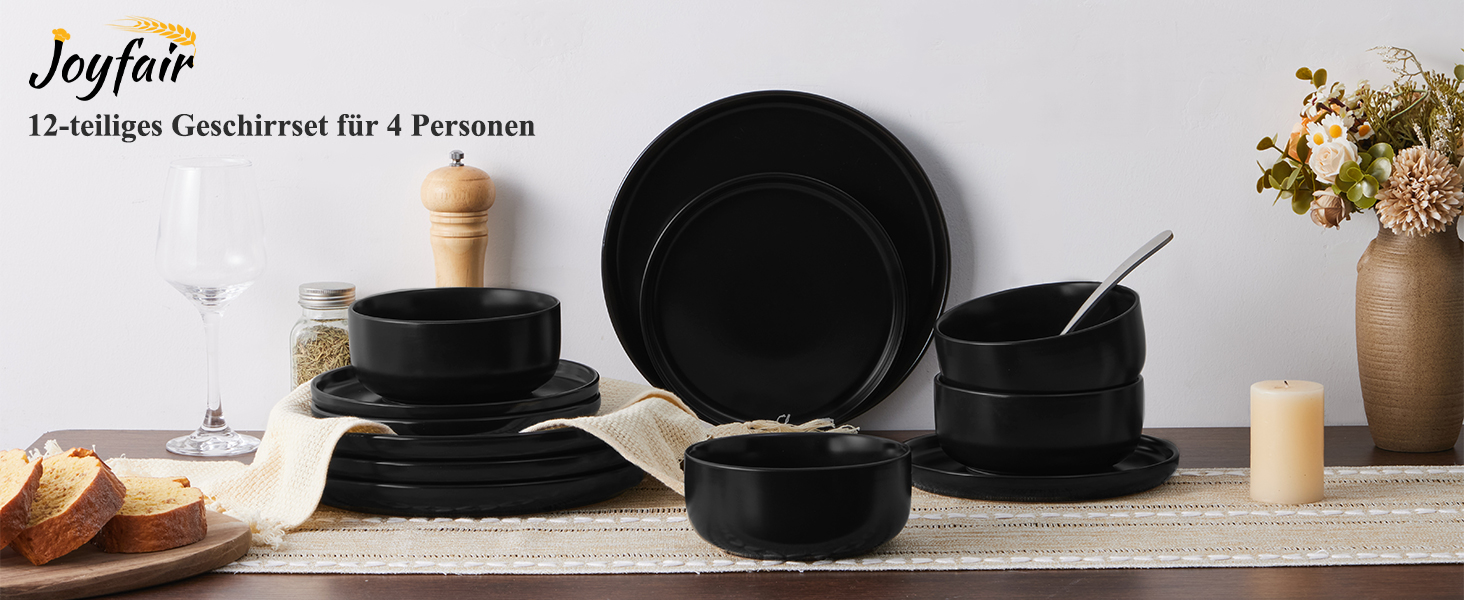 Набір посуду Joyfair на 6 осіб, 18 предметів, кераміка, чорний (Abyssal Schwarz). Тарілки обідні, десертні, миски для сніданку. Стійкий до подряпин, для мікрохвильовки та посудомийної машини