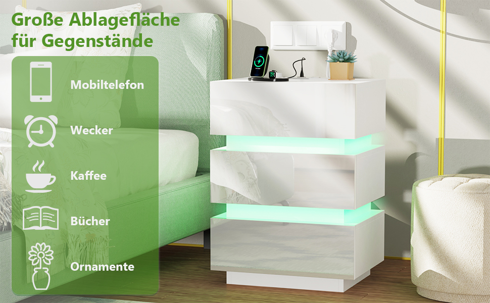 Нічний столик з розеткою та LED, нічний комод з функцією зарядки та USB, 2 висувні ящики (45x35x46/62 см, білий, набір 2 шт.)