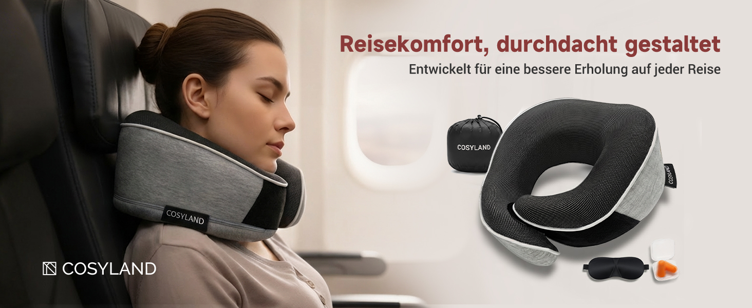 Подорожня подушка для шиї COSYLAND з ефектом пам'яті (Memory Foam) для літака та авто, ергономічна підтримка 360°, регульована, сіра (набір: чохол, маска для сну, беруші)