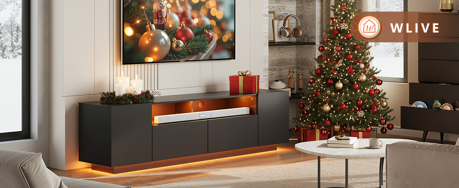 Тумба під телевізор WLIVE з LED-підсвіткою, глянцева, чорна, 170x36x45 см - шафа для ТВ з полицями та дверцятами