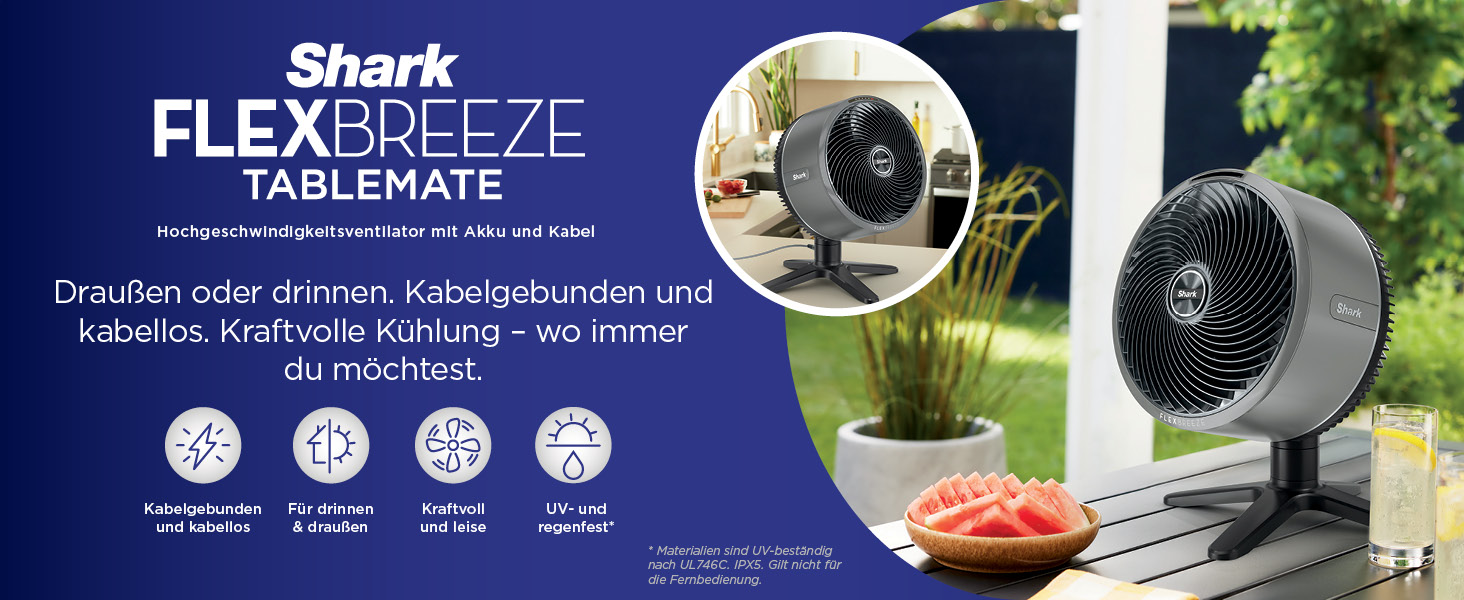 Портативний вентилятор з бризком Shark Flexbreeze TableMate, охолоджувач повітря, безшумний, для дому та вулиці, легкий, потік повітря до 20 м, з фільтром FA050EU