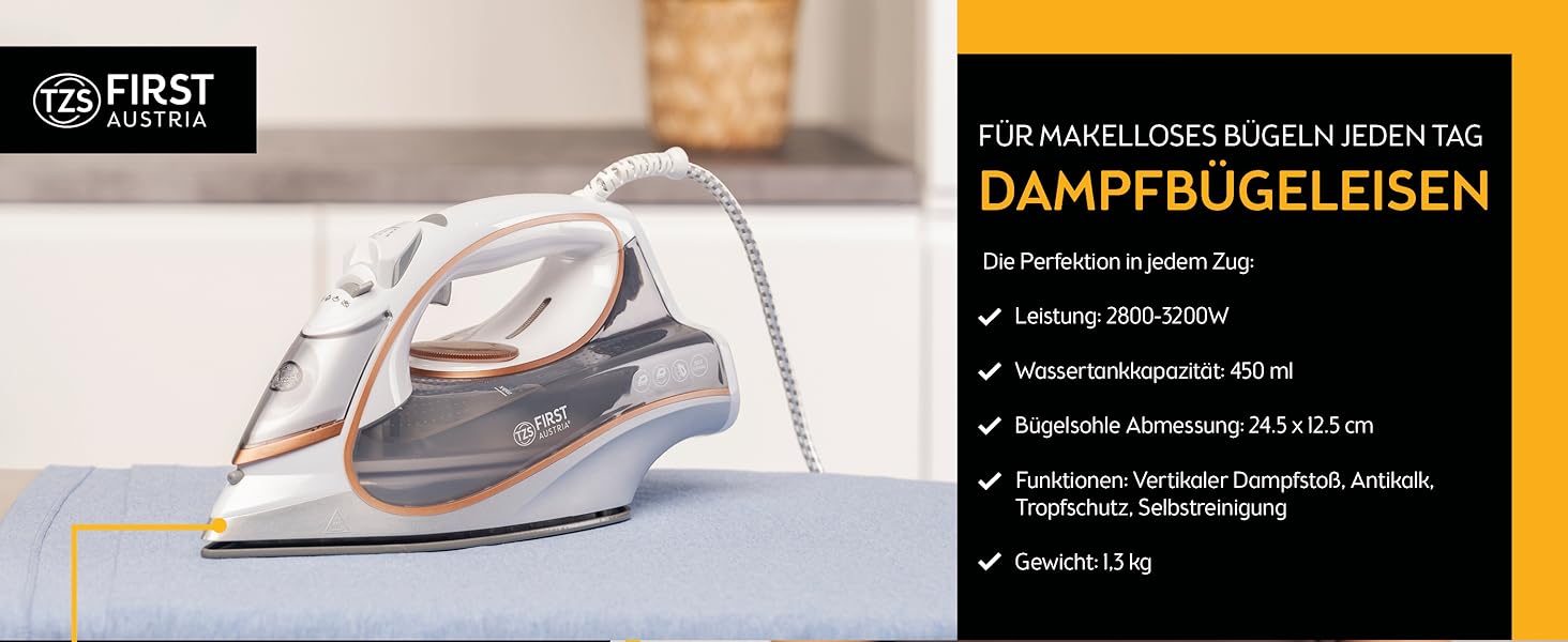 Відпарювач TZS First Austria I 2800-3200W з керамічною підошвою | Самоочищення, вертикальний пар, антинакип | 0,45л, 1.3кг, білий/мідний