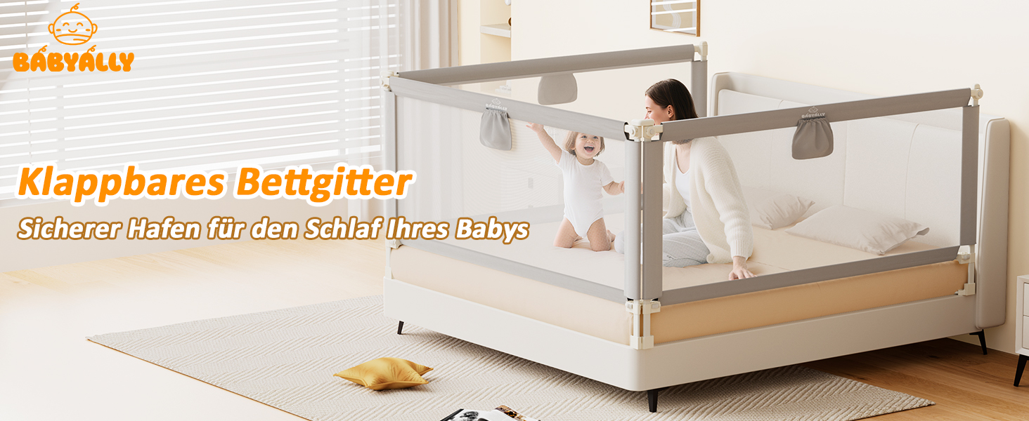 Бортики для ліжка дитячі 3 шт., захисні грати на ліжко для малюків (2x200 см + 1x180 см), сірі, складані