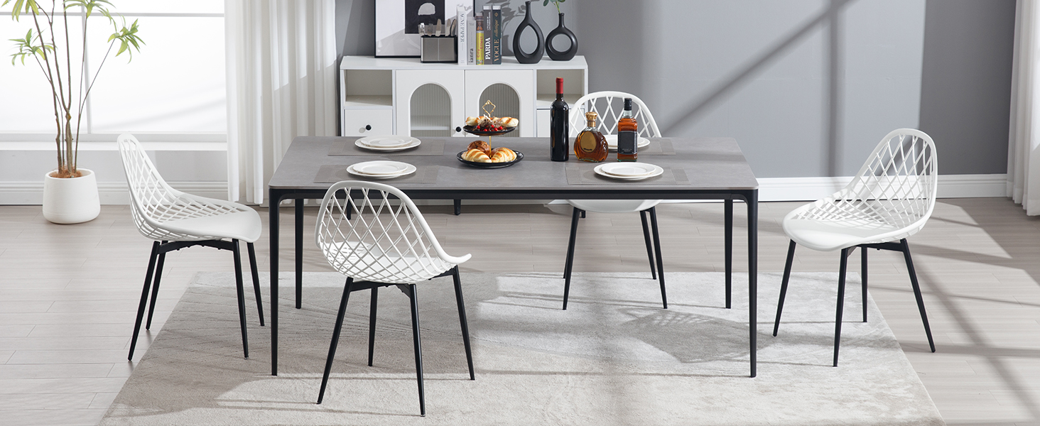 Набір обідніх стільців 4 шт., кухонний стілець з перфорованою спинкою, стілець для вітальні з металевими ніжками, пластиковий стілець для кухні, вітальні, балкону, скандинавський, білий, K0018EZS-4