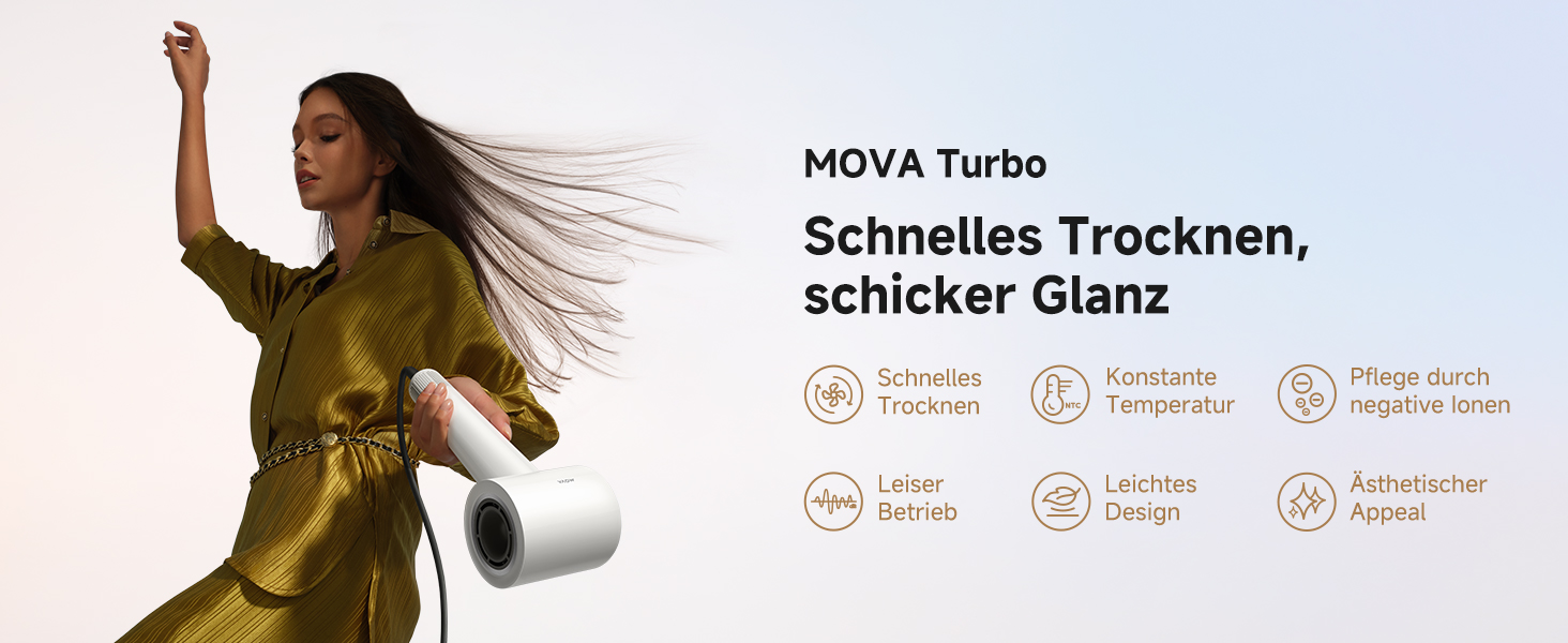 Високошвидкісний фен для волосся MOVA Turbo, 110 000 об/хв, 65 м/с, з іонізацією (200 млн негативних іонів), 8 режимів роботи, компактний та легкий (330 г)