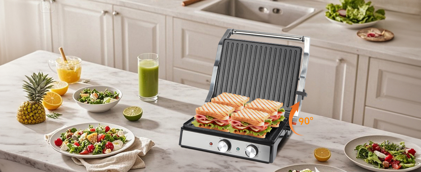 Контактний гриль Aigostar з керамічним покриттям, таймер на 30 хв. Паніні гриль та сендвічмейкер для сендвічів, стейків, тостів. 2000 Вт, регульований термостат, відкривання 180°, функція грилю