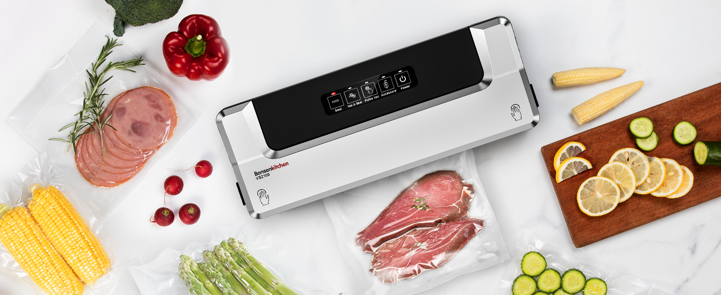 Вакууматор Bonsenkitchen для су-від (Sous Vide) та зберігання продуктів, вакуумний пакувальник з 5 пакетами в комплекті, сріблястий