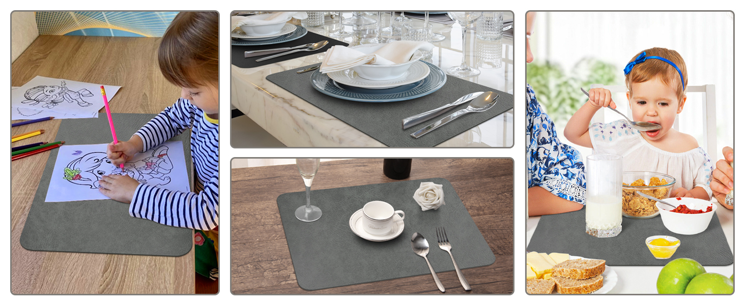 Набір підставок під тарілки 6 шт, неслизькі, миючіся, з штучної шкіри, 40 x 30 см (сірий/чорний)