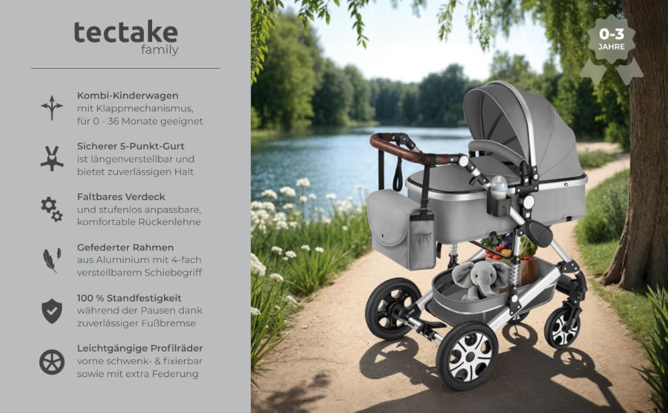 Дитяча коляска Tectake 2 в 1, розкладний візок-бугі з функцією ліжечка, з підставкою для ніг, візок з тримачем для напоїв, знімною колискою та дощовиком (Сірий)