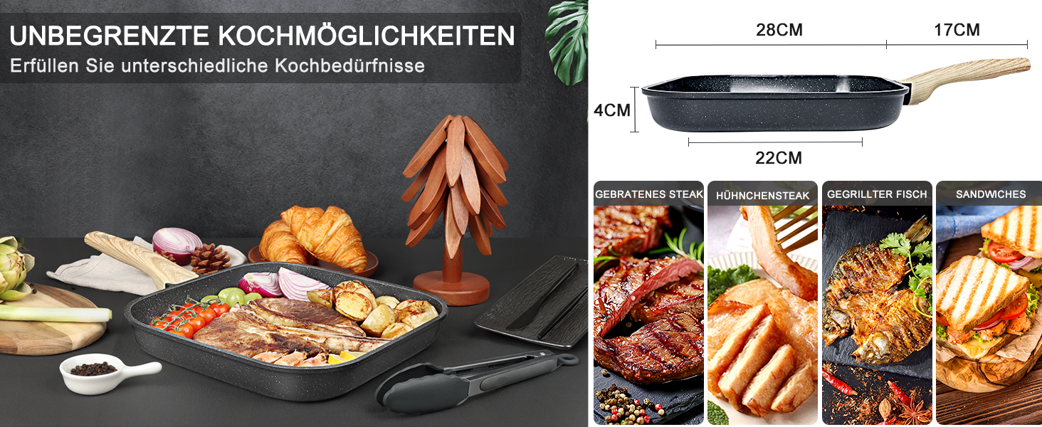 Сковорода-гриль GiPP 28x28 см, сковорода для стейків, індукційна, алюмонієвий литний матеріал з гранітно-антипригарним покриттям, 100% без PFOA, підходить для всіх типів плит, легко миється, білий колір