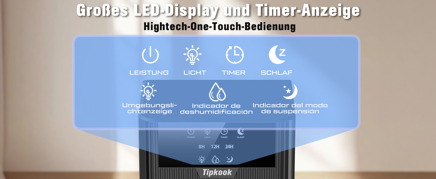 Електричний осушувач повітря Tipkook, 2400 мл, автоматичне відтавання, 10 кольорів підсвічування, таймер 8/12/24 год, ≤35 дБ, портативний для ванної, спальні, кухні, шафи, сірий