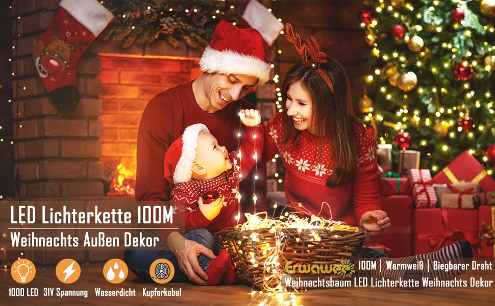 Світлодіодна гірлянда 100м 1000 LED на мідному дроті, водонепроникна LED-ілюмінація з 8 режимами для вулиці, саду, дому та свят (Різдво, Хелловін, Весілля), теплий білий колір