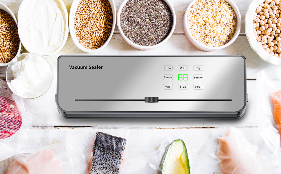 Вакууматор для продуктів ESoundvol 8-в-1 з LED-дисплеєм, вбудованим різаком та контролем температури, 10 пакетів у комплекті