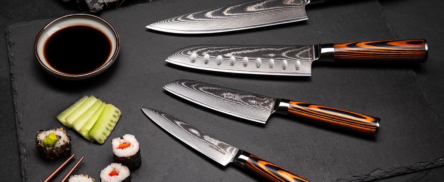 Кухонний ніж Wolfblood PRO Damast XL (33 см) з дамаської сталі 67 шарів, преміум-якість, для професійних кухарів, з дерев'яною ручкою, подарункова коробка, захист леза, сертифікований TÜV, 62 HRC