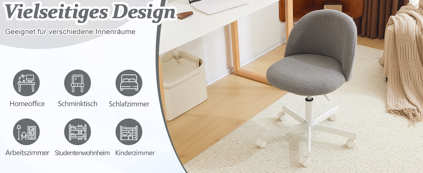 Офісний стілець Bonnlo з роликами, стілець до туалетного столика, регульований по висоті, для робочого кабінету, спальні, home office, з м'якої тканини Teddy, білий (сірий)