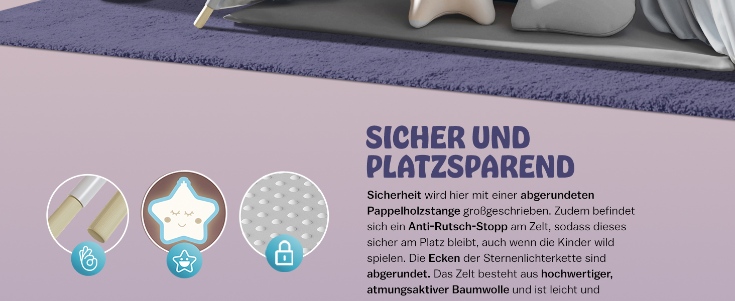 Дитяче намет-типі Spielwerk® з килимком, гірляндою та подушками (130x130 см), бавовна, дерево, сірий, блакитний