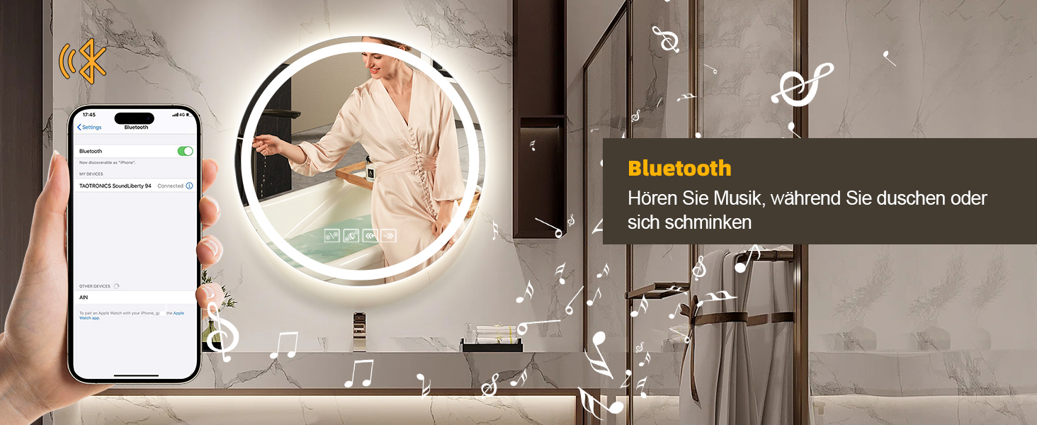 Круглий дзеркало для ванної кімнати з підсвічуванням, 60 см, LED, Bluetooth, сенсорне управління, регулювання кольору (3000K-6500K), диммування, HD-загартоване скло, 600x600 мм