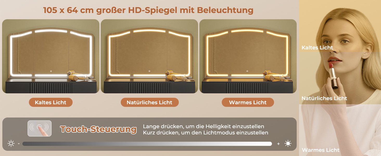 Великий туалетний столик AOGLLATI з великим дзеркалом та регульованою LED-підсвіткою. Косметичний столик з розетками, 3 висувними ящиками та 2 шафками. Сучасний туалетний столик для спальні (білий/чорний)