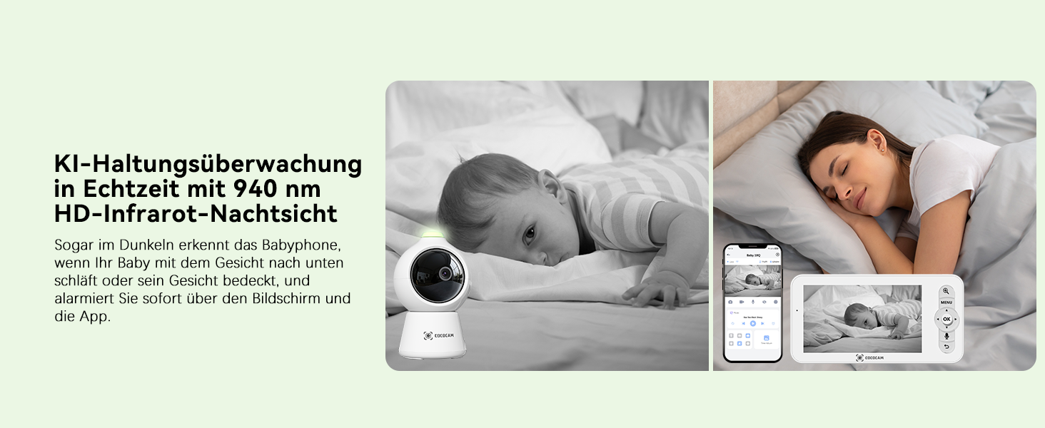 Відеоняня COCOCAM 2K 4MP з камерою та монітором 5 дюймів, Wi-Fi 2.4/5GHz, ШІ-розпізнавання, датчик перекриття обличчя та сну на животі, автотрекінг, ІК нічний зір