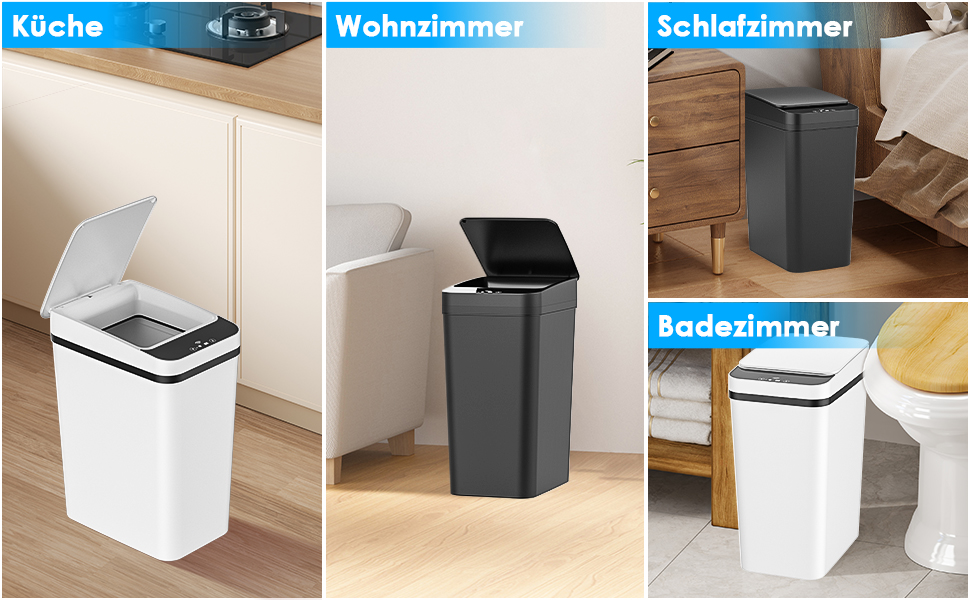 Набір з 2 відер для сміття Dreamhigh® з датчиком, 12 л, електричні, автоматичний кришка, розумні, 3 режими відкривання, тихі, водонепроникні для кухні, ванної кімнати, офісу, вітальні (Чорний + Білий)