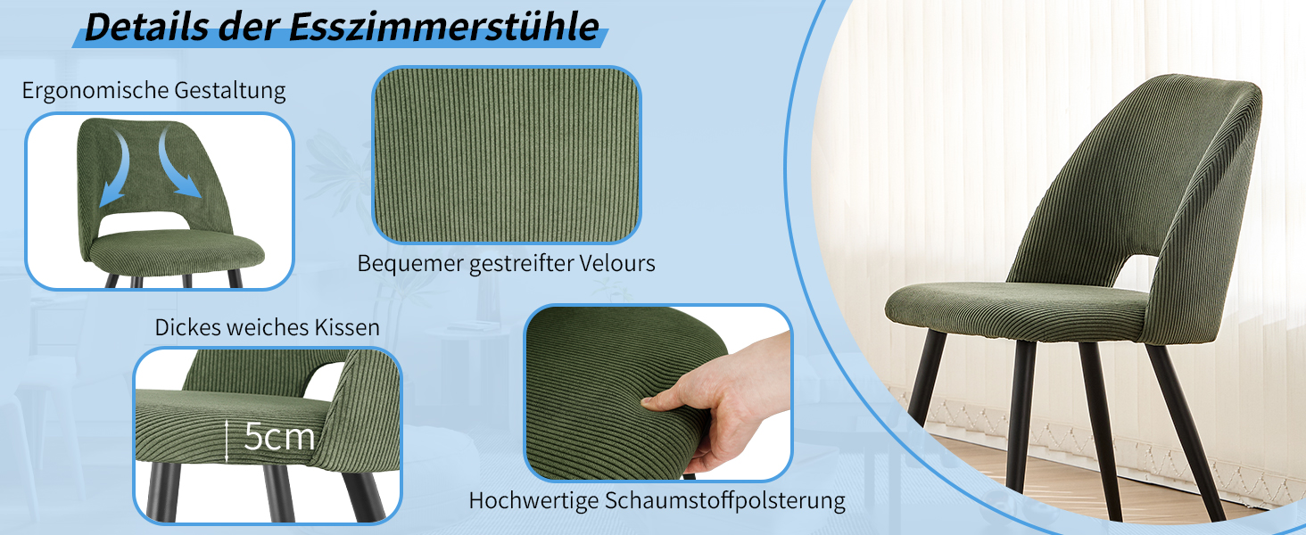 Набір обідніх стільців 4 шт. з витонченою спинкою, м'які стільці для кухні, вітальні, спальні, зелений (2 шт. в наборі)