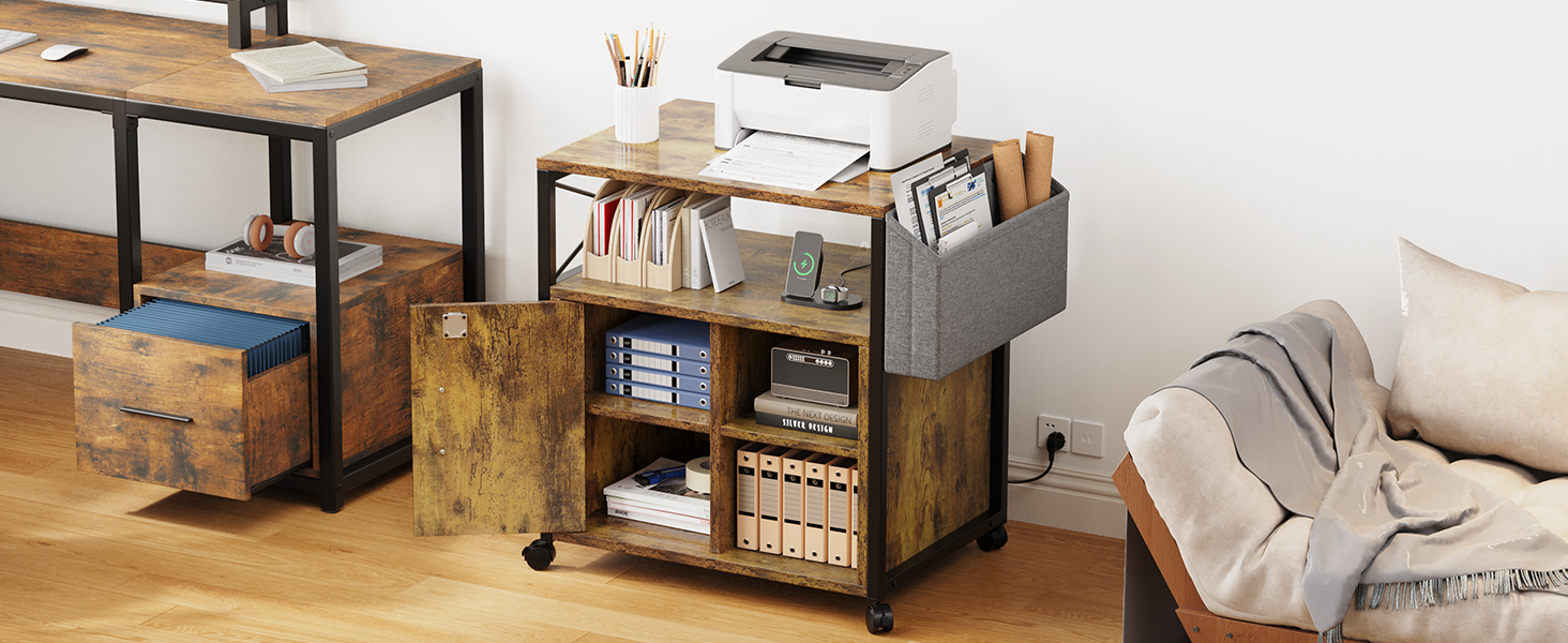 Підставка для принтера YITAHOME з розетками, роликова, з полицею та кишенькою, з замком для документів, для дому/офісу (колір: коричневий)