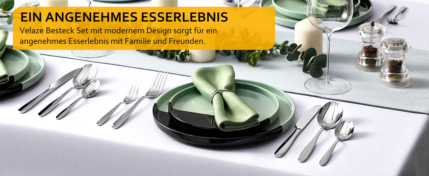 Набір столових приборів Velaze на 12 осіб (60 предметів) з нержавіючої сталі, столовий набір з 12 ножів, виделок, десертних виделок, ложок та чайних ложок, полірований, придатний для миття в посудомийній машині