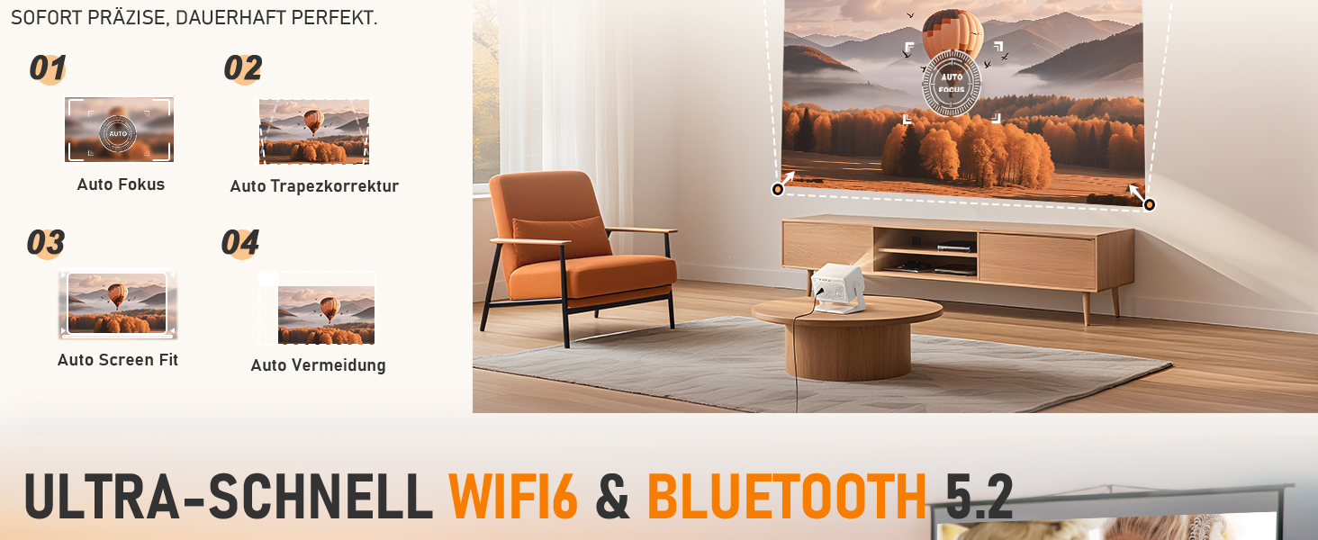 Міні проєктор Smart Beamer A-27000L: Full HD 1080P, WiFi6, Bluetooth, Netflix, 4K, Автофокус, для дому та на вулицю