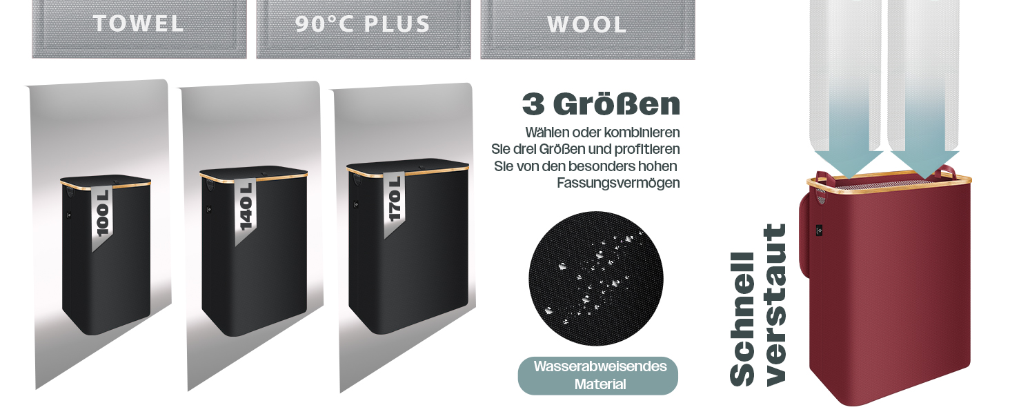 Кошик для білизни KESSER® з кришкою, 2 відділення, складний, 170 літрів, чорний