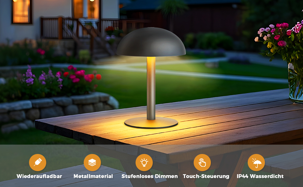 FUYO Грибний світильник без дротів - настільна лампа з сенсорним керуванням, регулюванням яскравості та функцією пам'яті, сучасний дизайн для спальні, вітальні та кемпінгу (Чорний)