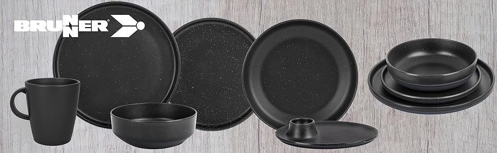 Набір посуду BRUNNER Melamin 16 предметів: тарілки та чашки для кемпінгу (2-4 особи) + ланч-бокс ODETTE, стекований, стійкий до подряпин