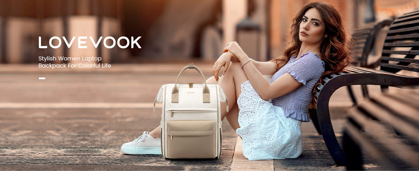 Сумка-рюкзак LOVEVOOK для жінок, 15.6 дюймів, для ноутбука, подорожей, роботи, школи, універу, офісу, водонепроникна, елегантна, бежева