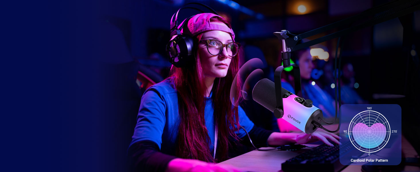 Ігровий мікрофон FDUCE з USB/XLR підключенням для стрімінгу, запису подкастів та ігор. RGB-підсвічування, регулювання чутливості, навушник, кріплення-павук (D20+)