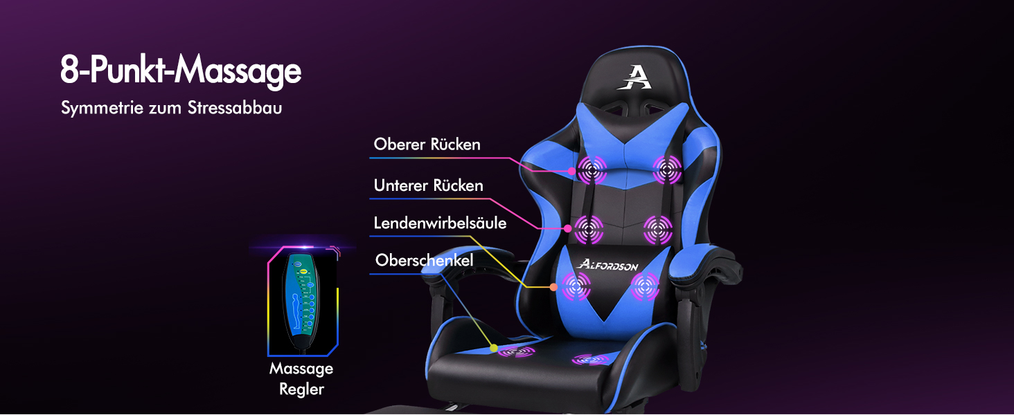 Ігровий крісло Alfordson з підніжкою, масажем, регулюванням на 150° та PU-шкірою. Макс. вага 180 кг, серія Eryx (Чорний/Синій)