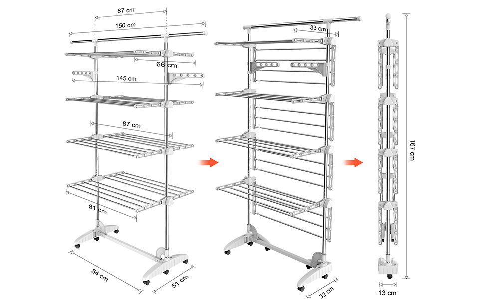 Сушарка для білизни, сушильна стійка - Матеріал труби з нержавіючої сталі - Максимальна вантажопідйомність 3 кг на опорну планку - 4 полиці, білі, з крилами та верхньою частиною штанги білі 4 рівня сушіння