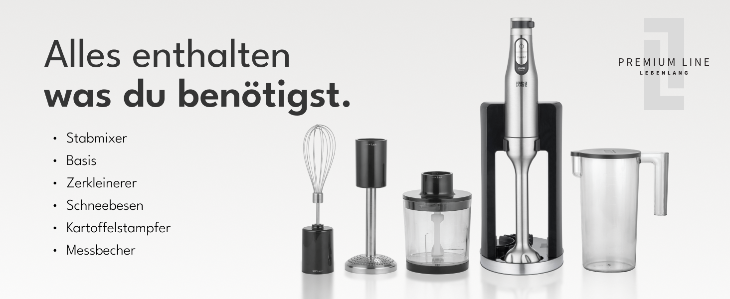 LEBENLANG Преміум блендер занурювальний 1200W - набір 6 предметів з аксесуарами та захистом від бризок | Регулювання швидкості, турборежим, нержавіюча сталь