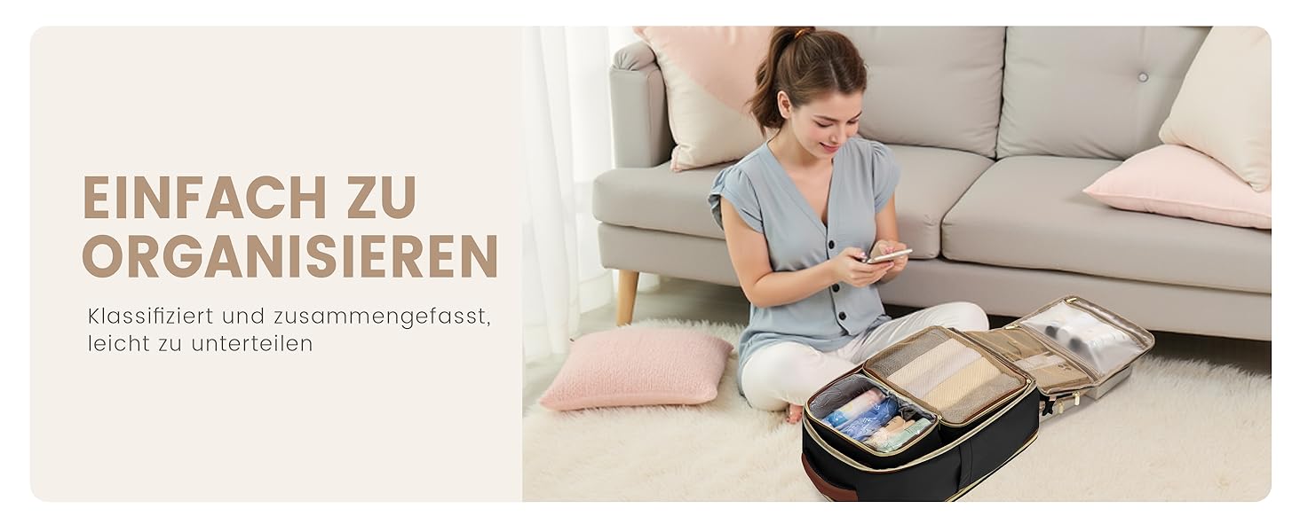 LOVEVOOK Рюкзак ручної поклажі, 17.3 дюйми, 40L, для подорожей та бізнесу, водонепроникний, для жінок, 45x30x20см, 4 кольори (Teegrün, Beige, Schwarz, Braun)