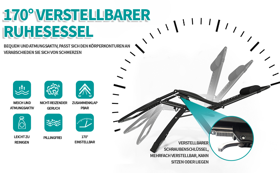 Розкладний шезлонг для відпочинку: зручний садовий стілець з регульованою спинкою, чорний (72 см)