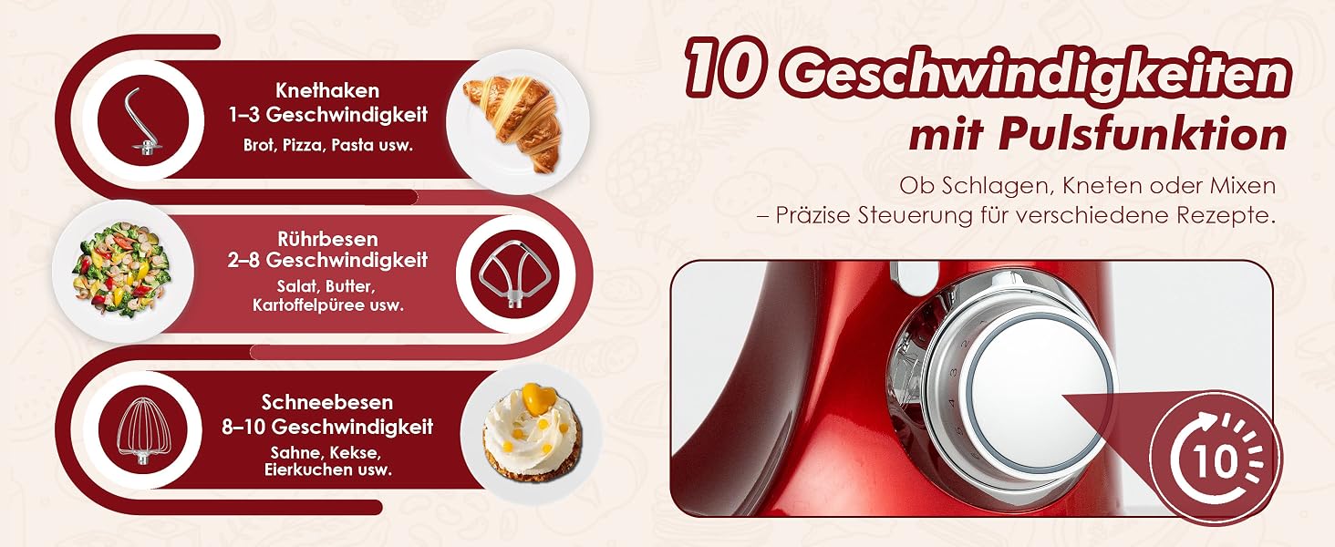 Кухонна машина Kitchen in the box Fab-Serie, потужний планетарний міксер 2000Вт, чаша 8л, 10 швидкостей, з вінчиком, гаком та мішалкою, червоний
