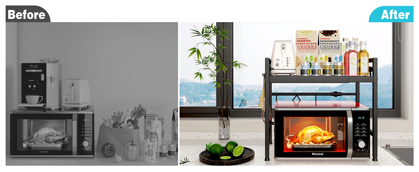 Регульована підставка для мікрохвильової печі, 2-рівнева розширювана, з вуглецевої сталі, з 8 гачками, чорна