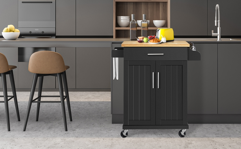 Кухонний візок Yaheetech з висувною шухлядою та 3 шафками, чорний, 66 x 45,5 x 91,5 см