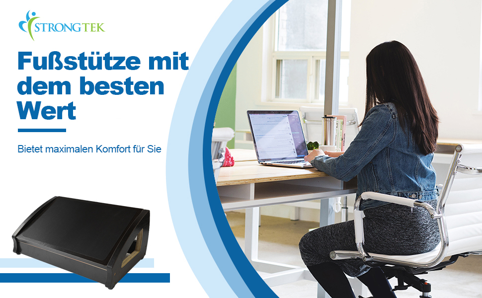 Підставка під ноги StrongTek для столу, дерево, для роботи, 3 положення висоти, ергономічна, антиковзаюча, покращує поставу та кровообіг, до 181 кг, чорна