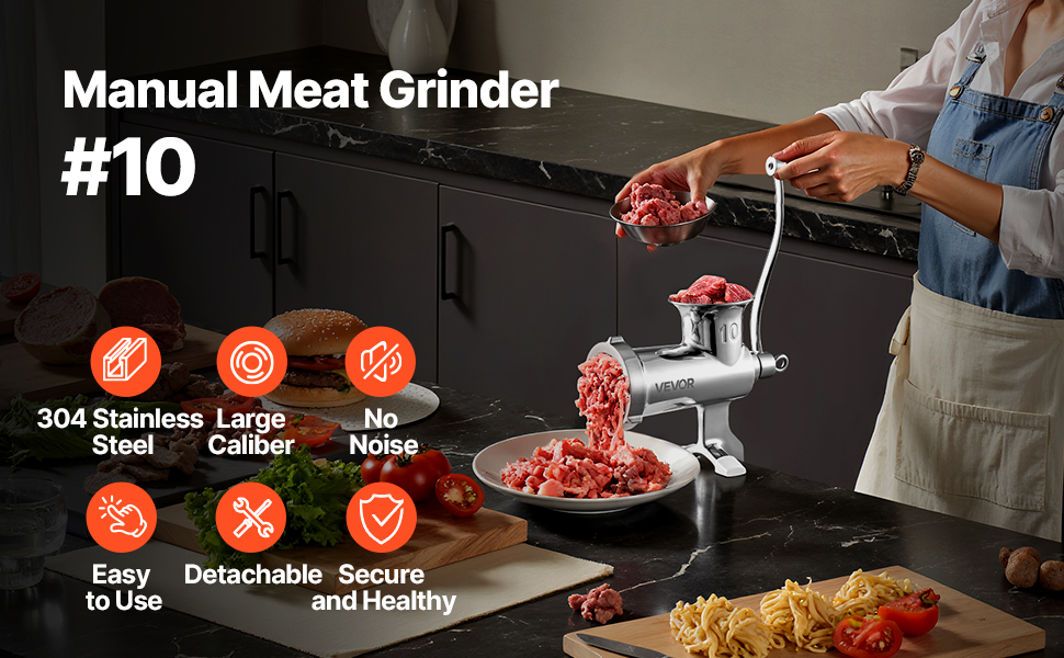 М'ясорубка ручна VEVOR з нержавіючої сталі 304, насадки 4.5/8 мм, для фаршу та ковбас, срібляста (#10)