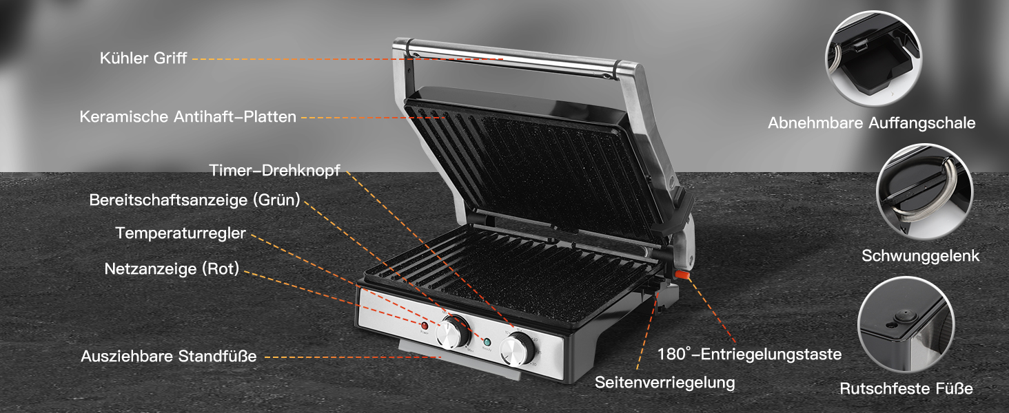 Контактний гриль Aigostar з керамічним покриттям, таймер на 30 хв. Паніні гриль та сендвічмейкер для сендвічів, стейків, тостів. 2000 Вт, регульований термостат, відкривання 180°, функція грилю