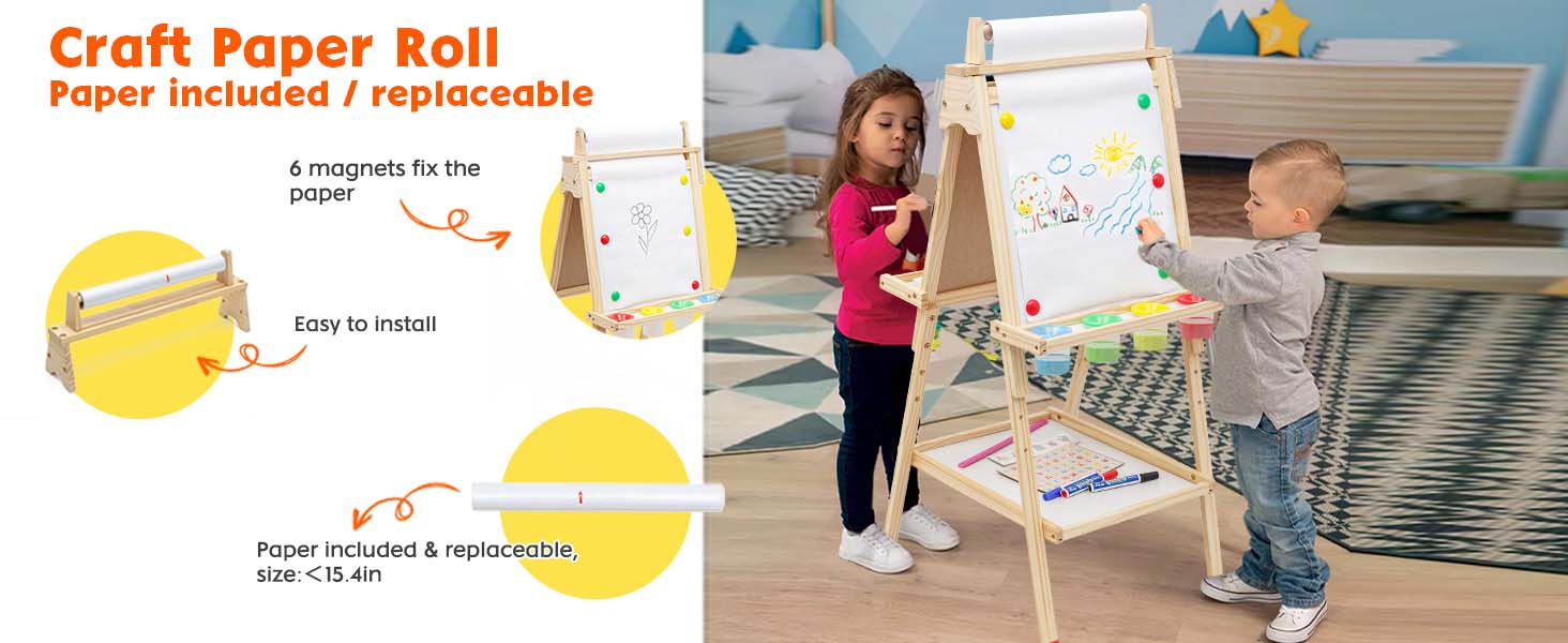 Дитяча мольберт Kinder з паперовою рулонкою, двостороннє Whiteboard та крейдяна дошка, мольберт для малювання з цифрами та аксесуарами, регульована висота, з підстаканником, білий