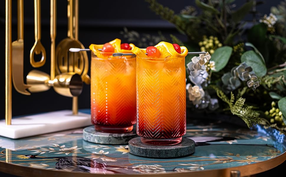 Вінтажні келихи для коктейлів Flamingo Collins Long Drink для Мохіто, Кайпіріньї, Май Тай, Піна Колади Набір з 4 окулярів хайбол Кришталеві високі келихи Highball об'ємом 340 мл для тропічних коктейлів і коктейлів Тікі