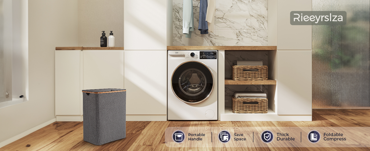 Кошик для білизни Rieeyrslza з кришкою, 158 л, бамбук, 2 знімні мішки для білизни, Oxford, складний, сортувальник, для ковдр та одягу (сірий)