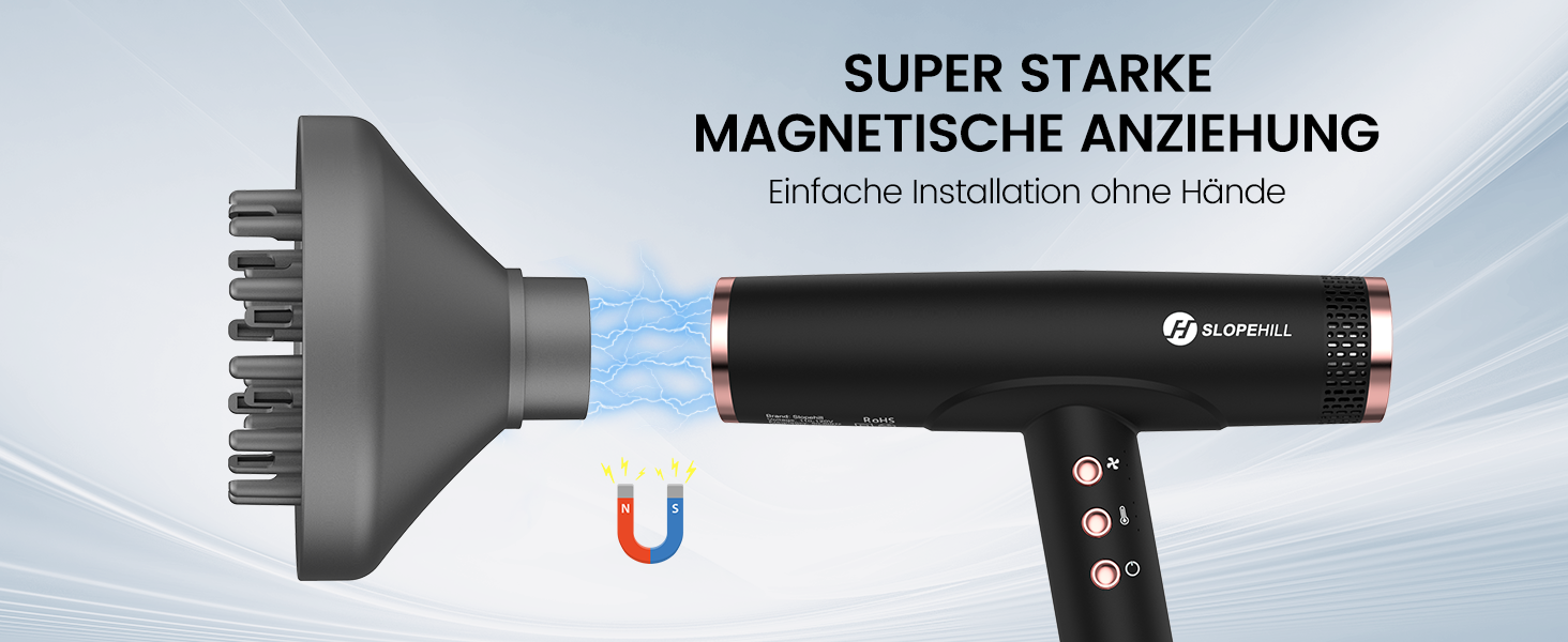 Іонний фен для волосся Slopehill з безщітковим двигуном 110,000 RPM, біокерамічний технологічний обдув, магнітний дифузор, низький рівень шуму, матовий чорний