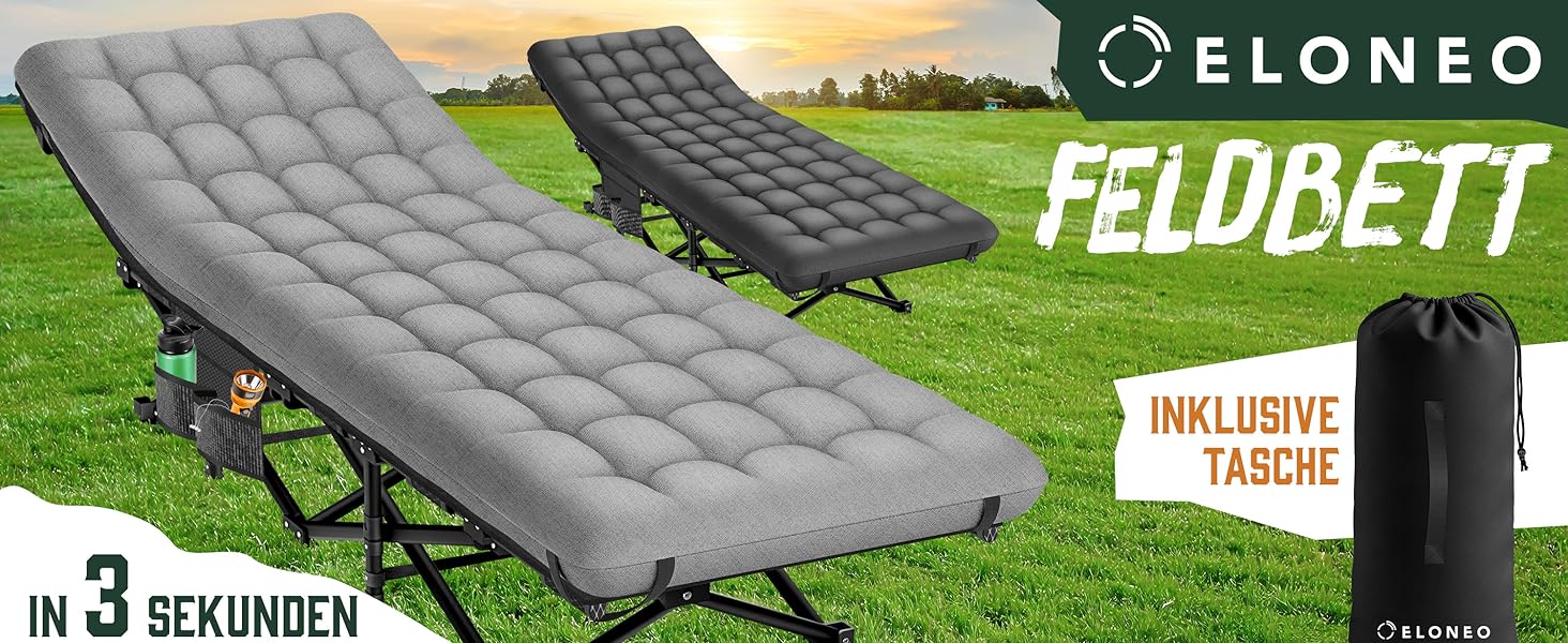 Розкладне туристичне ліжко ELONEO NEU з преміум-матрацом, витримує до 200 кг, з сумкою для транспортування, сіре